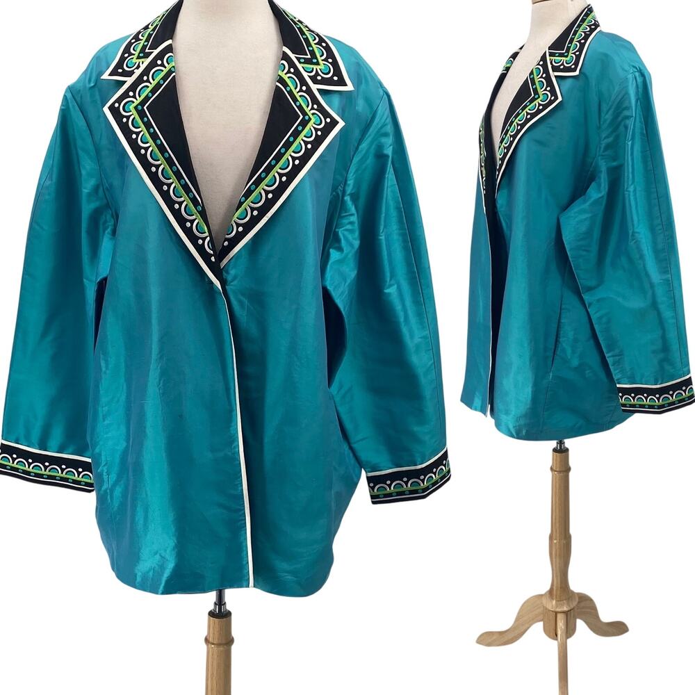 Vintage Bob Mackie Wearable Art Silk Jacket Embroidered Teal Blue Womens 3X